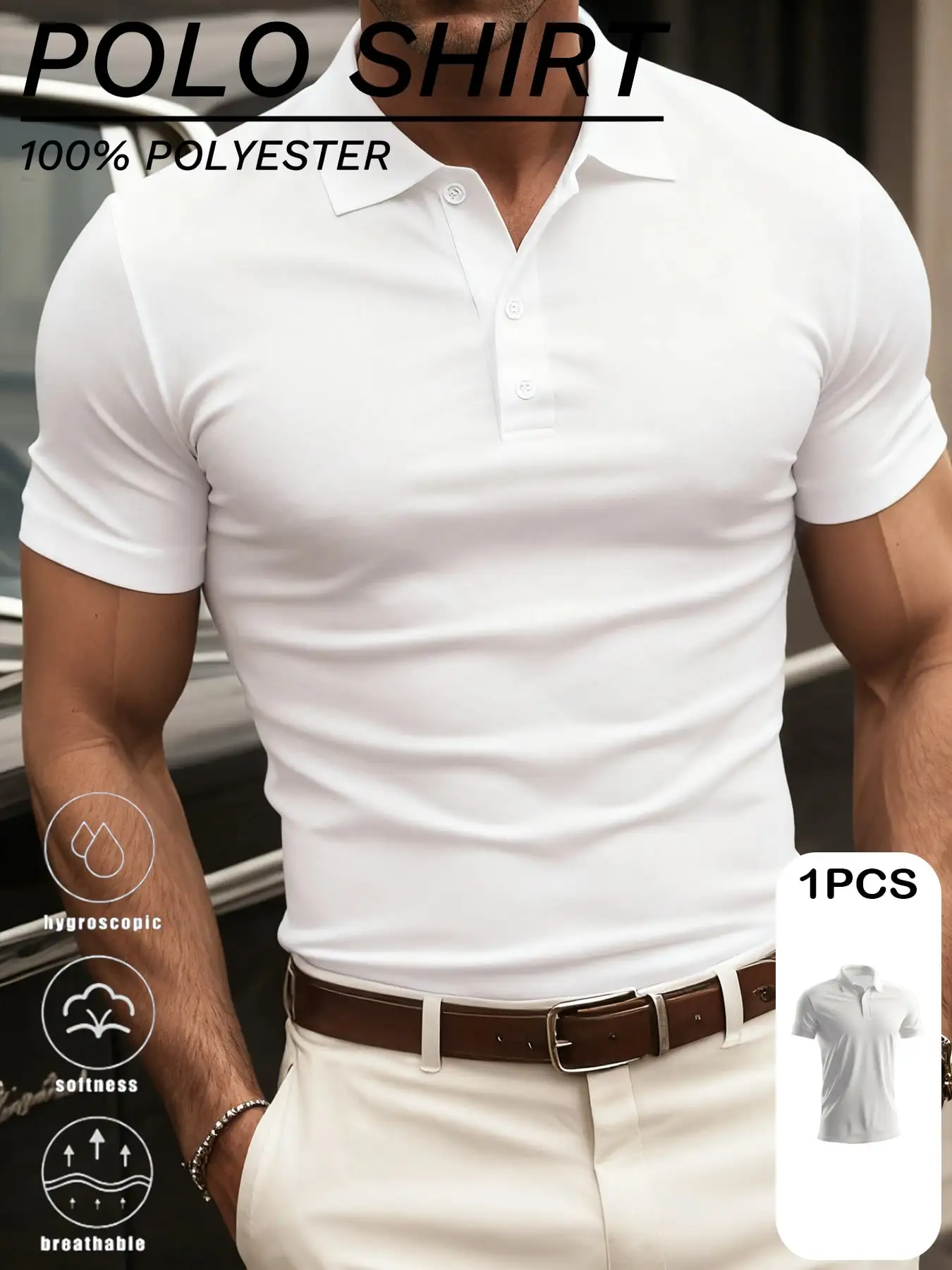 

Men's Solid Color Short Sleeve Polo Shirt - 100% Polyester, Breathable & Soft