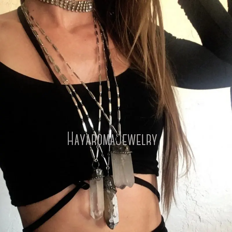 NM43418 Large Terminated Quartz Twin Cluster Crystal Point Minimal Necklace On Steel Bar Link Chain Goth Talisman Pendulum