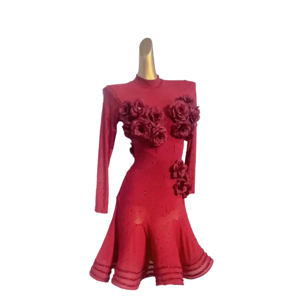 

Latin Dance International Stage Women's High end Customized Big Red Flower Mesh Dress Samba Diamond Performance Dress