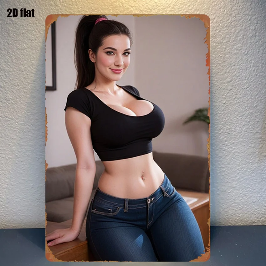 Vintage 2D Flat Woman in Black Crop Top & Blue Denim Jeans Tin Sign - Retro Living Room Portrait Metal Wall Art Decor for Bed