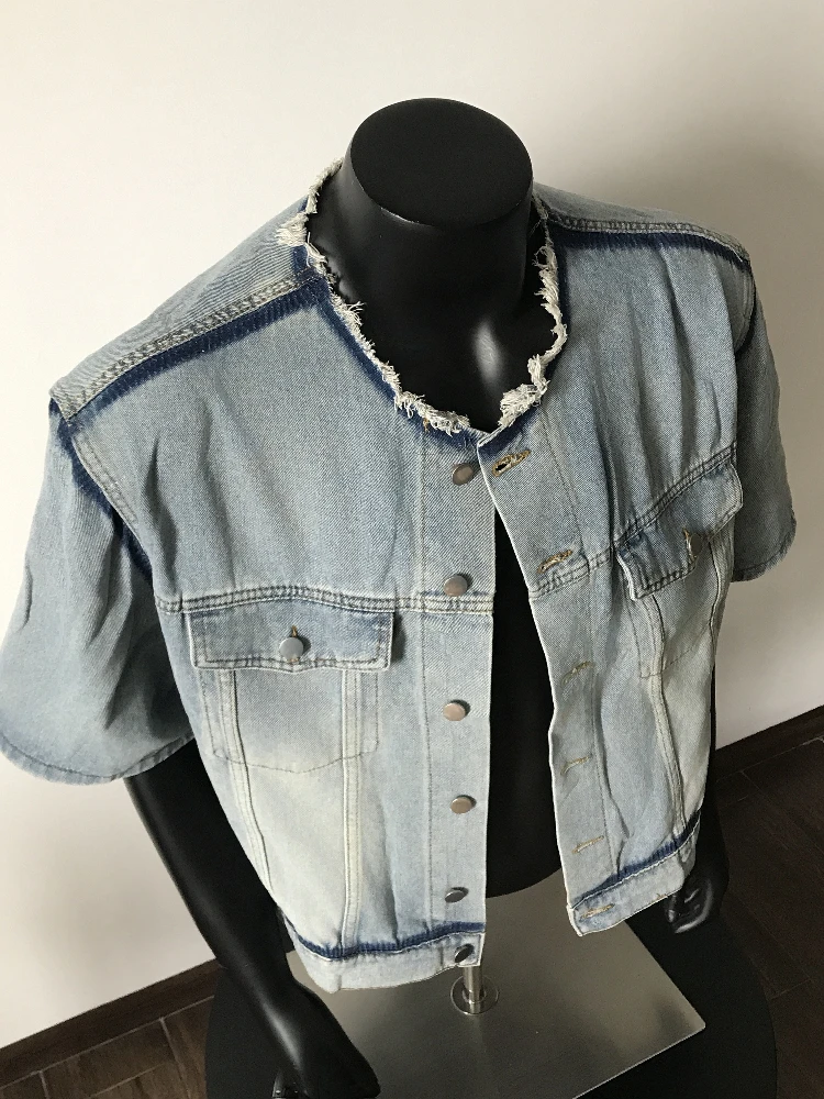 Vintage Cleanfit Denim Jacket Men Padded Shoulders Oversized Cropped Short Sleeve Casual Edgy Casual Coat Americana Street Top