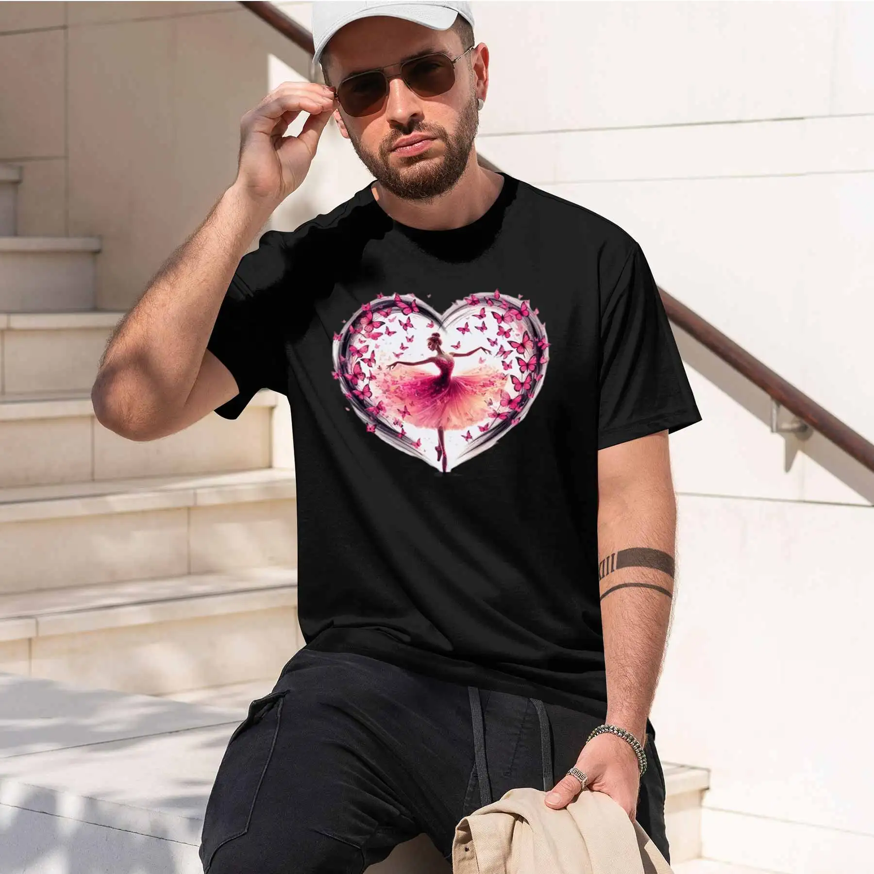 2026 new printed T-shirt printed with Men's Heart-shaped Ballet DancerPrint T-shirt TrendyStyle Casual Crew Neck Short Sleeve