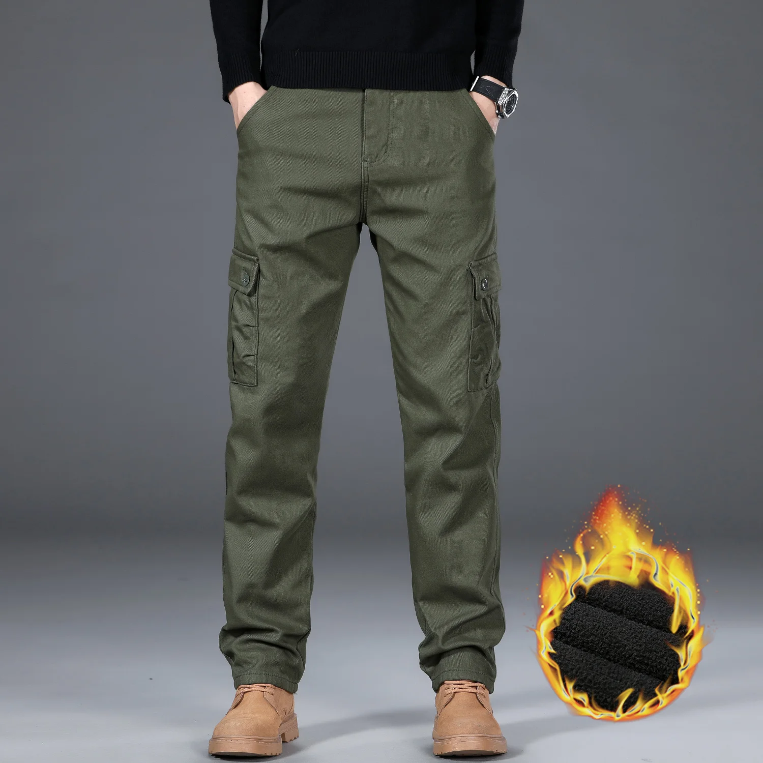 High Quality Winter Warm Fleece Lined Thicken Men's Cargo Pants Multi-Pocket Overalls Work Wear Outdoors Trousers Plus Size 40