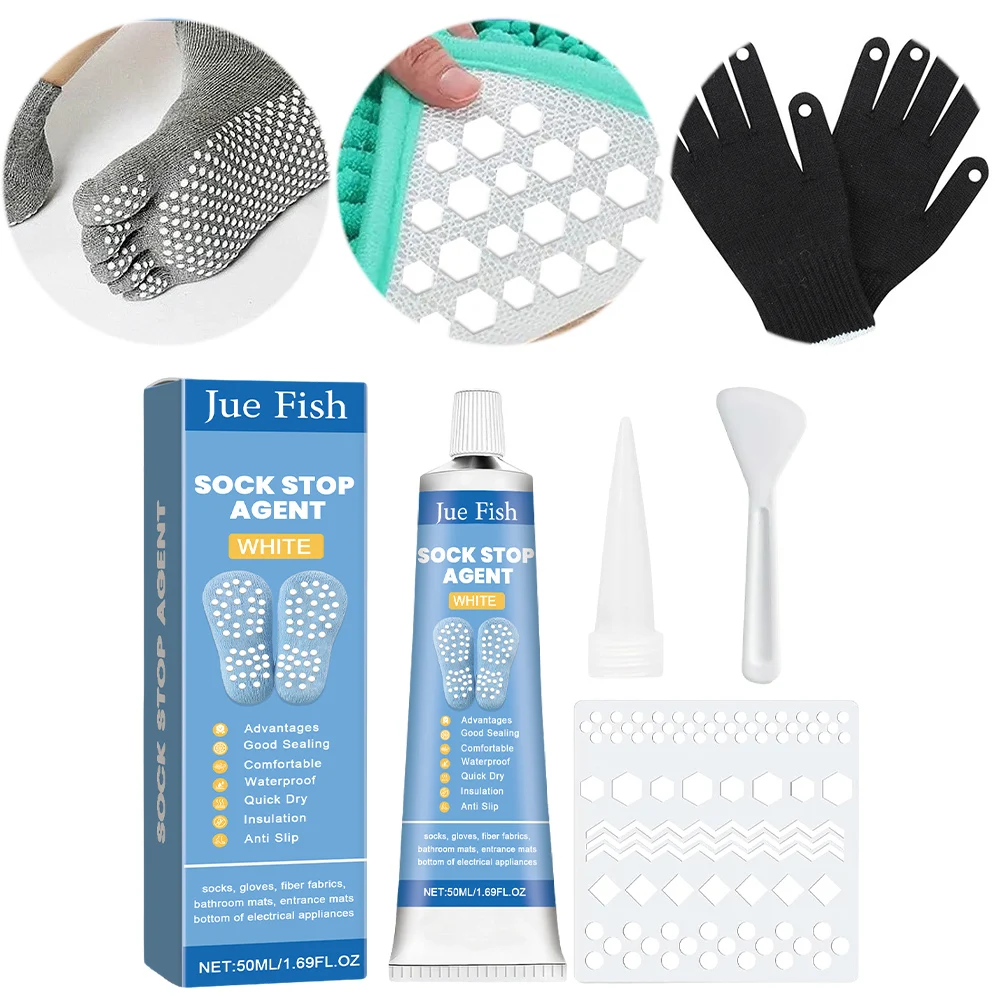 Anti Slip Sock Glue with Scraper and Template Sock Stopper Liquid DIY Sock Stop Agent for Socks Pet Socks Floor Mats Blankets