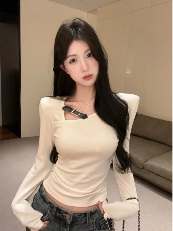 

Сексуальная модная женская футболка с вырезами, облегающая, с асимметричным дизайном плеча, моделирующая талию, базовый топ