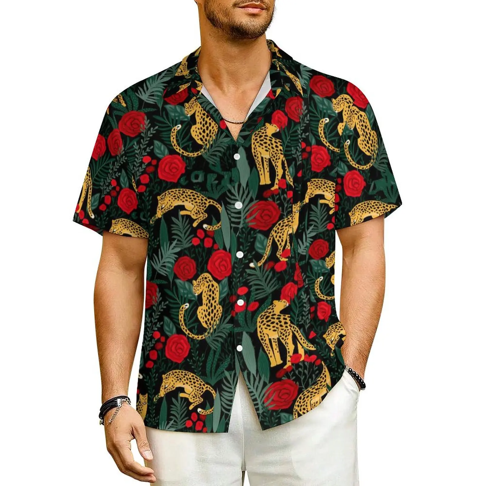 

Floral Leopard Beach Shirt Red Roses Print Summer Casual Shirts Men Elegant Blouses Short Sleeve Y2K Street Pattern Top