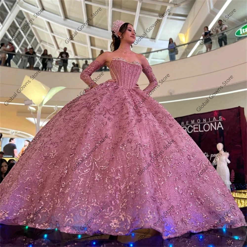 Vestidos Quinceanera para meninas, vestido de baile rosa sem alças, vestidos de festa de cristal com luva, Sweet 16 Robe