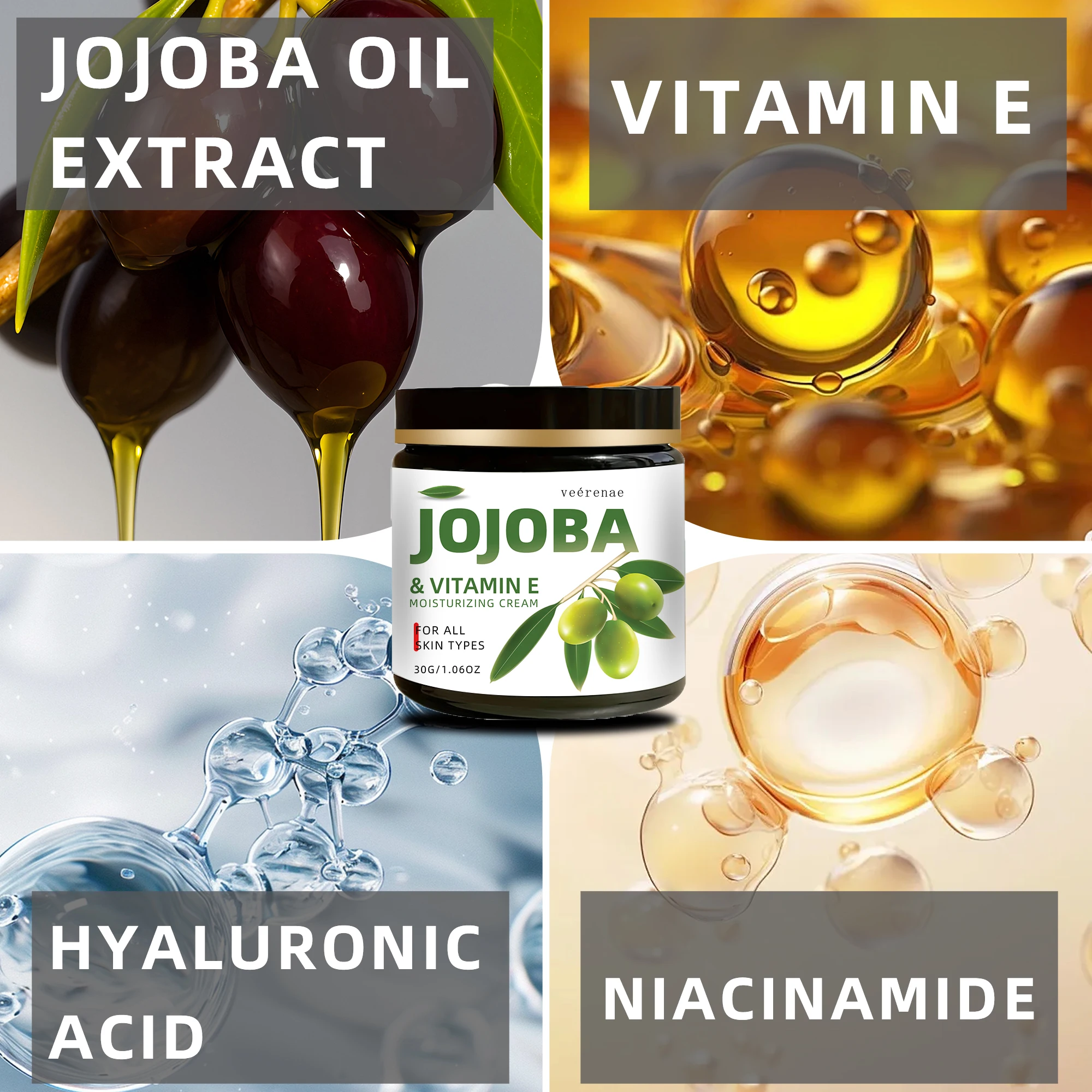 Veérenae Jojoba & Vitamin E Cream. Fast-absorbing, firms & smooths light skin. Non-greasy, for all types