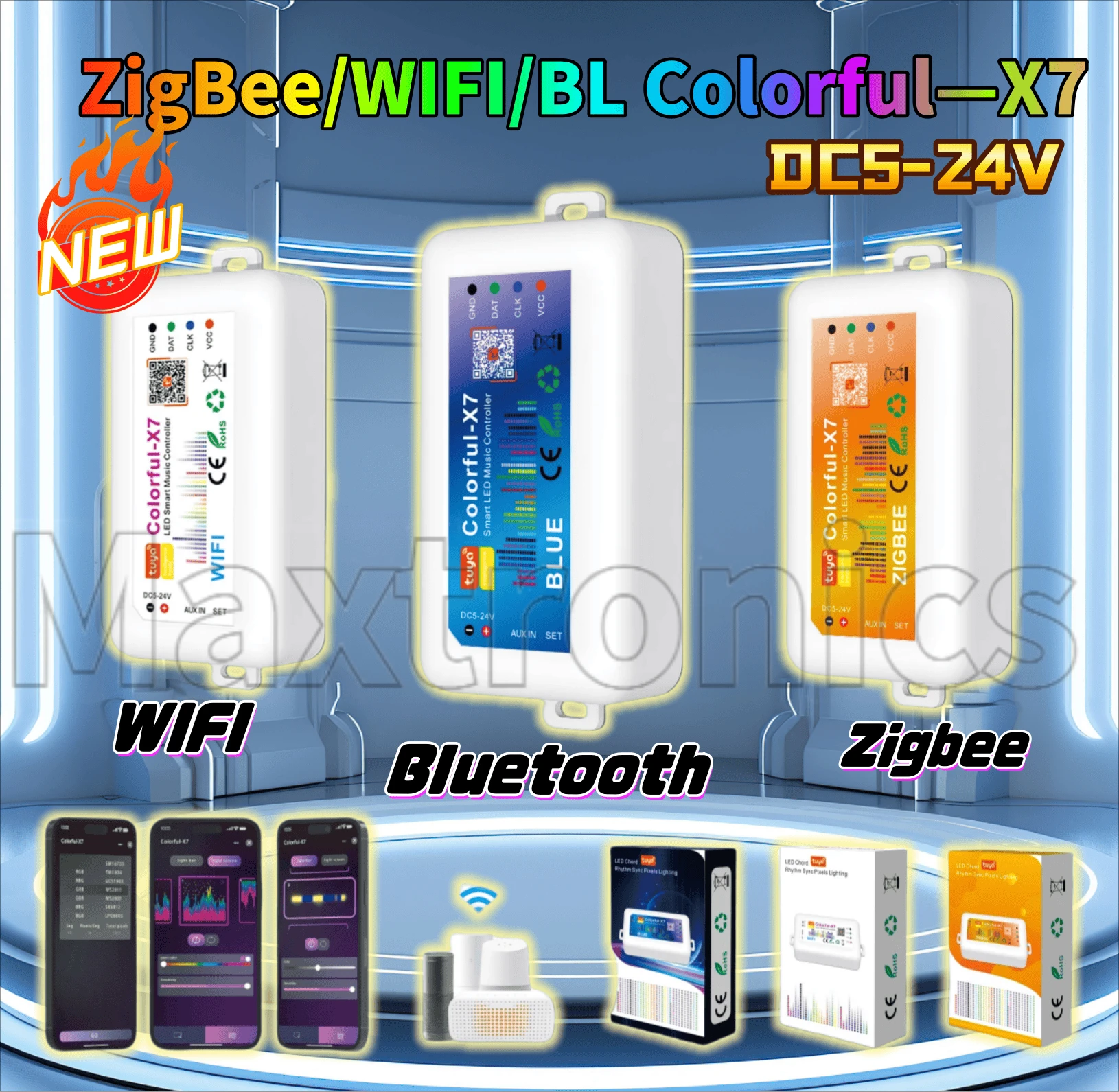 

Colorful—X7 DC5V-24V ZigBee/WIFI/BL Led RGB Strip Light Controller App Controller for Ws2811 Sk6812 Addressable LED Strip Lamps