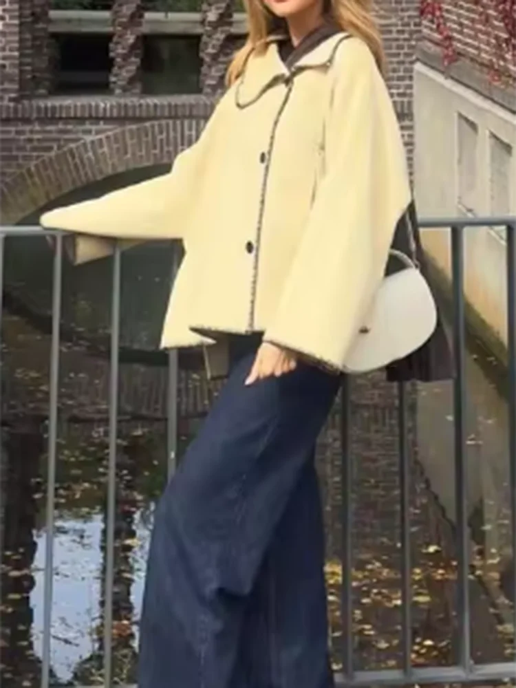 

Temperament High Collar Woolen Overcoat Autumn Winter Lady Lapel Long Sleeve Outwear Elegant Color Blocked Single Breasted Coat