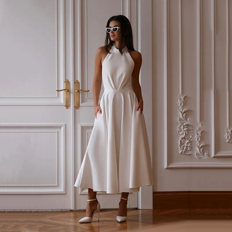 Elegant A-Line Ivory Wedding Dresses Simple Halter Neck Sleeveless Ankle-Length Bridal Gowns Plest Sexy Backless 2025 Customized