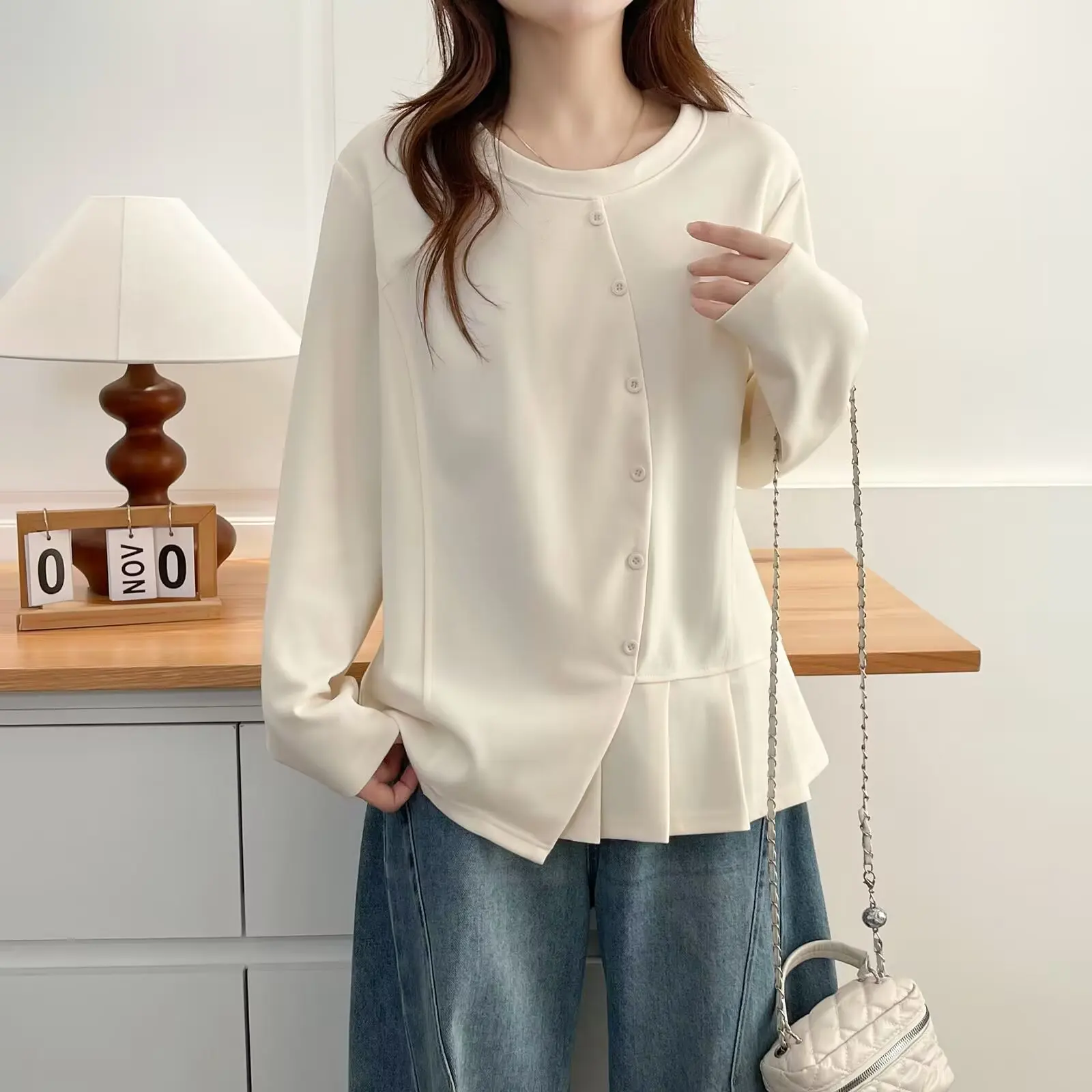 

XXXXL Fashion Plus Size Women's T-Shirt New Autumn Style Thickened Irregularly Fold Hem Long Sleeved Top 2545