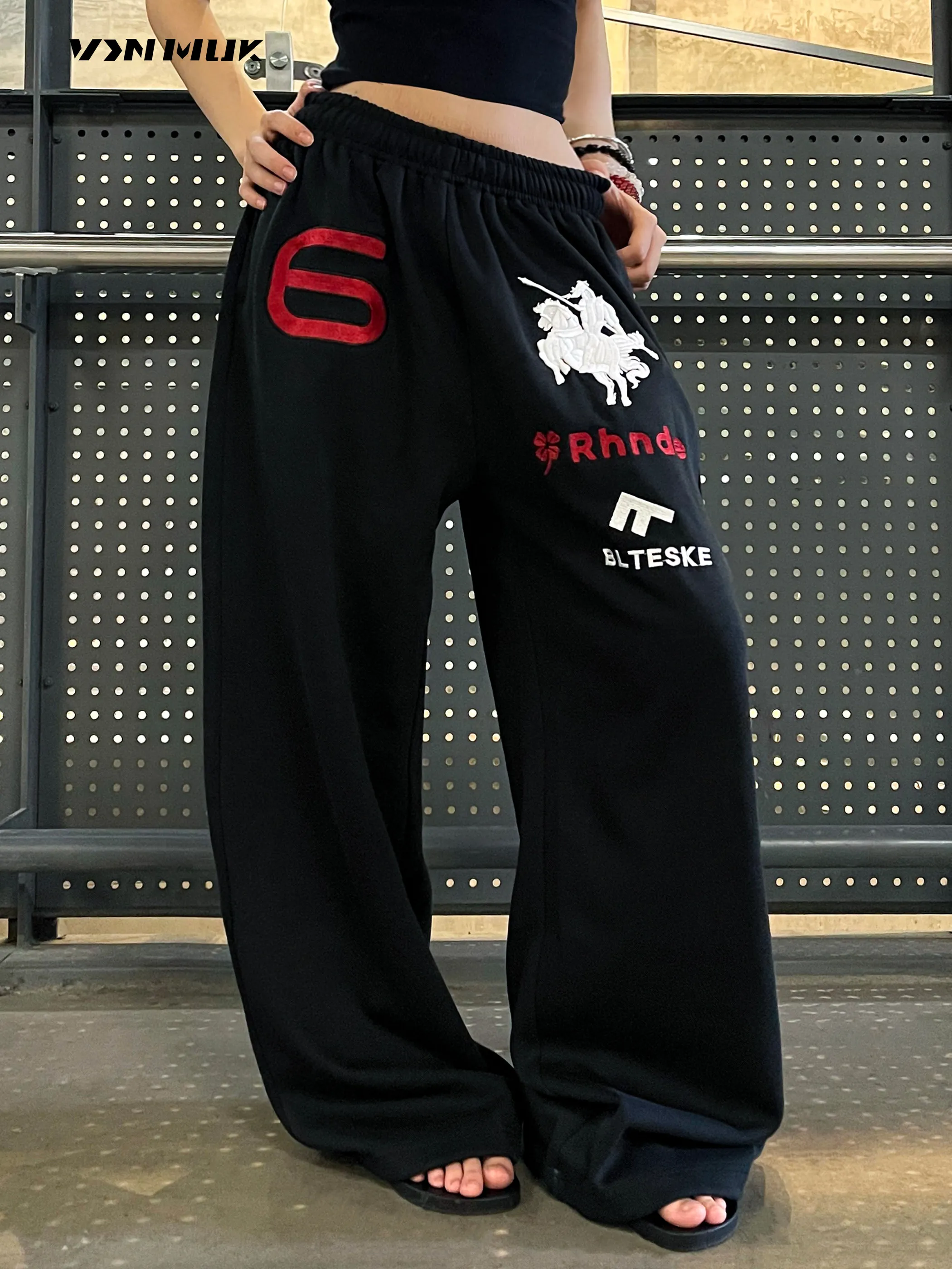 American Style Street Retro Angel War  Sport Jazz Sweatpants Loose Wide Leg Casual Pants for Men And Women in Black