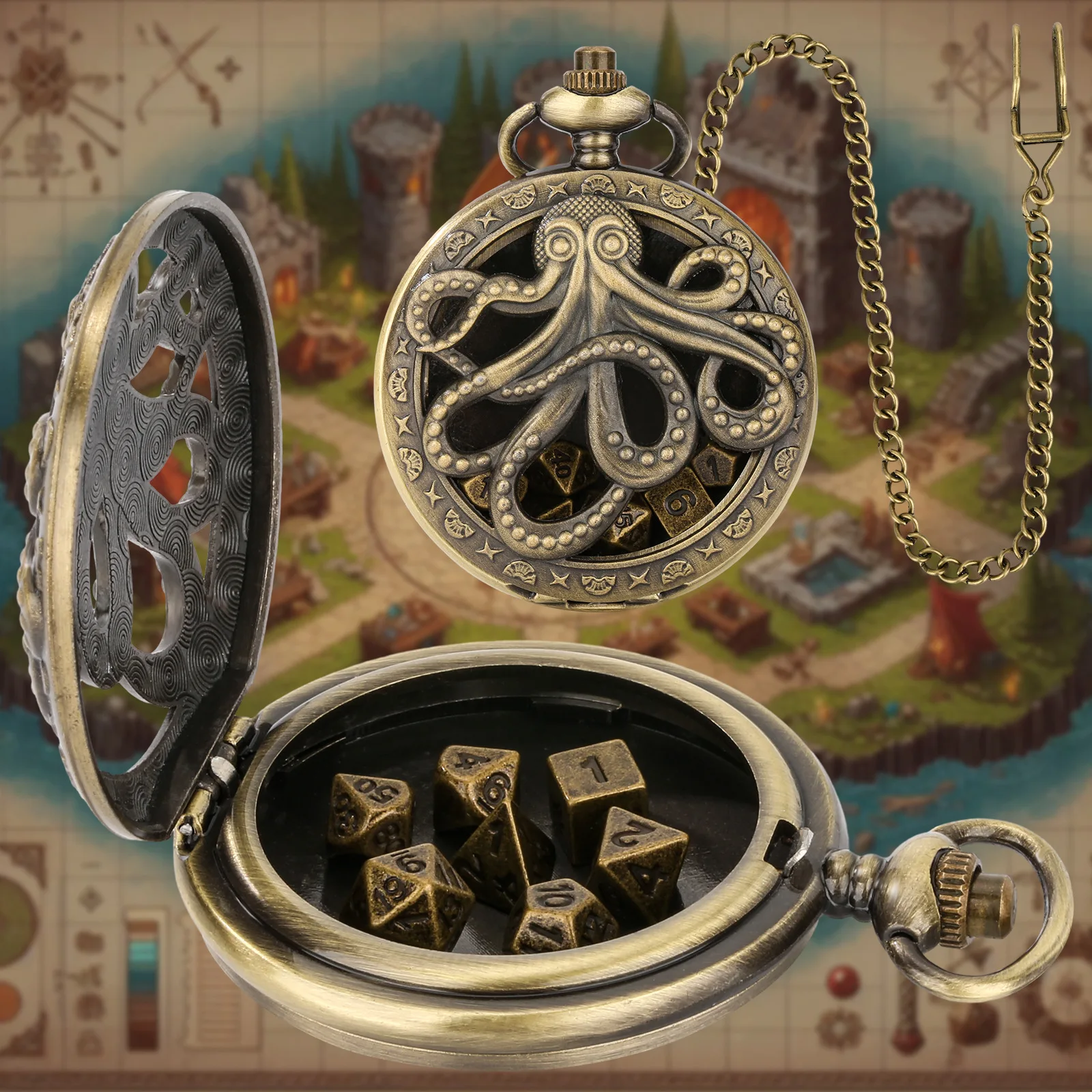 7 Stuks Dnd Dobbelstenen Met Vintage Zakhorloge Hoesjes Voor Dnd Met 39Cm Ketting Holle Klok Gear Pocket Watch Dnd Doce Geschenken Bordspel