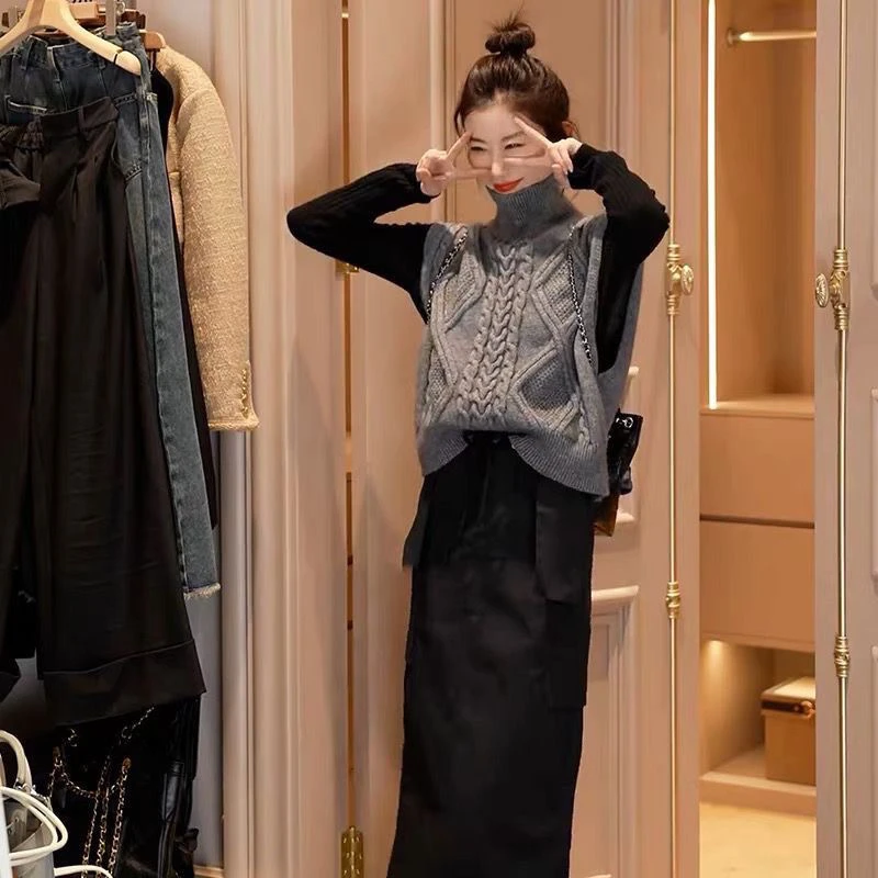 

Double-Sided Knitted Sweater Vest Women's Autumn Winter New Sle Pure Color f High Collar Twist Open Cardigan Loose Top