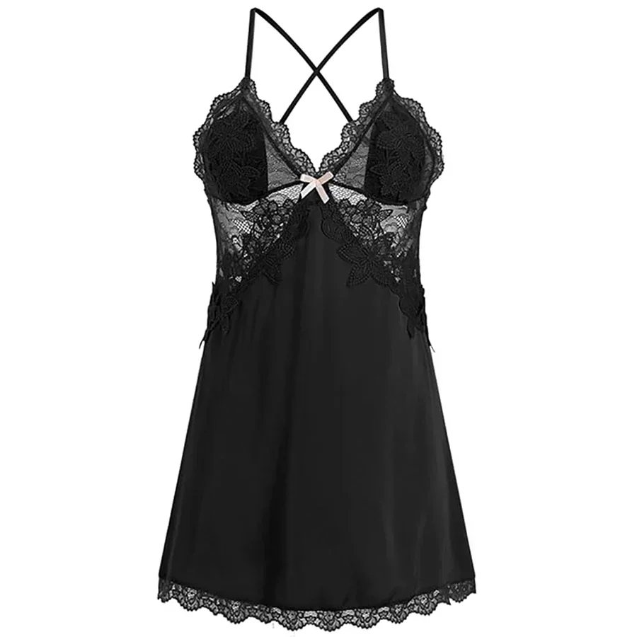 Camisola de cetim feminina, roupa de dormir sexy com decote em v, vestido de renda, pijama, lingerie, roupa de dormir com fio dental