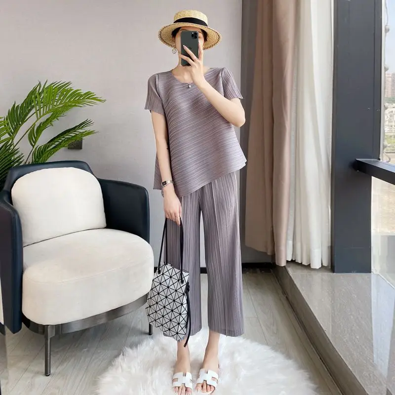 Pleated high class sets women summer loose irregular top nine straight leg pants western-style age reducing two-piece set female