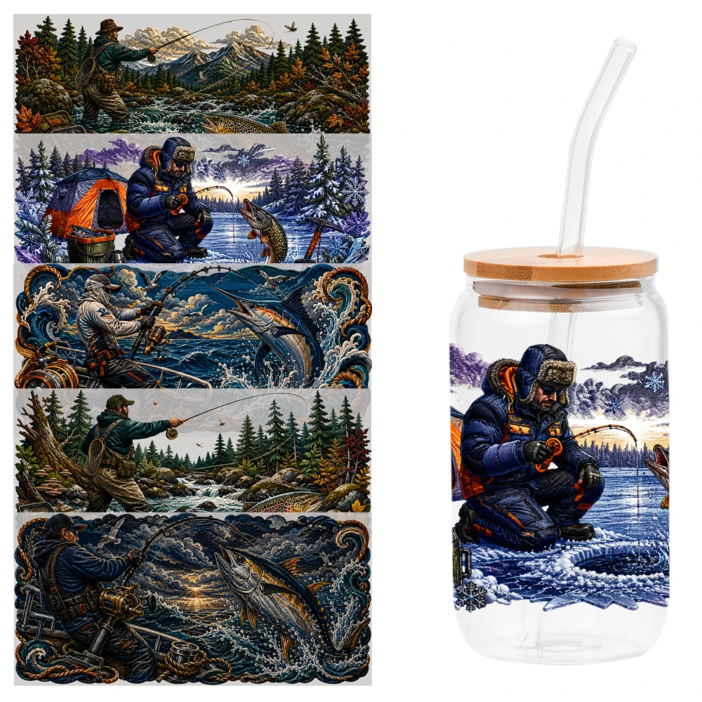 5 Sheets Fishing Adventure Scene UV DTF Stickers Waterproof Rub on Transfers Plastic Self-Adhesive Labels Waterproof Decals