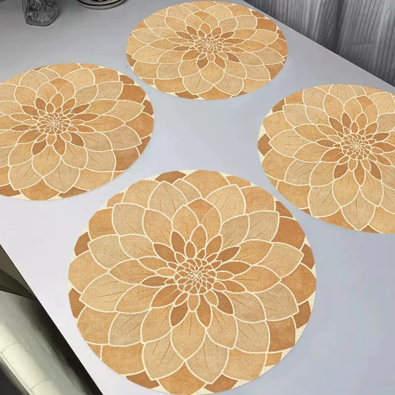 VIKAMA Warm Coffee Gradient Dahlia Mandala Round Linen Table Mat Insulation and Wear resistant Table Mat Desktop Decoration