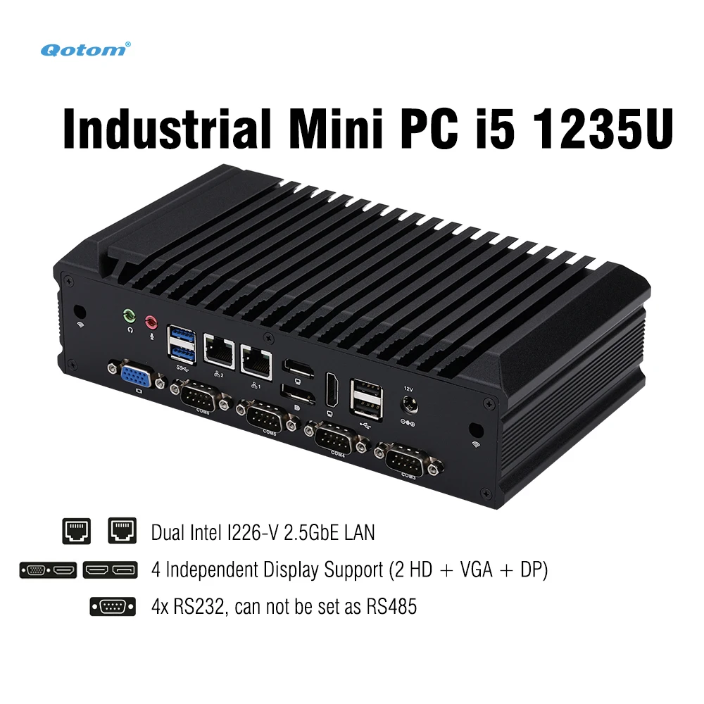 Barebone Industrial Mini PC 12th Gen Intel Core i5-1235U 4 Display 6x COM Dual 2.5G LAN DDR4 NVME Fanless Aluminum Case