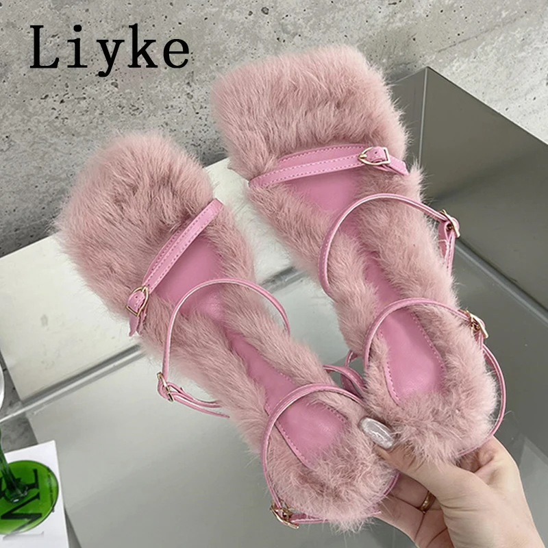 Liyke Size 35-40 Summer Party Dress Pink Sandals Women 2024 Fashion Fur Feather Thin High Heels Square Toe Buckle Strap Shoes