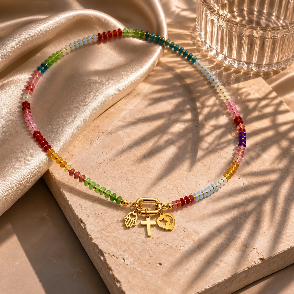 1pc Trendy Cross Pendant Beaded Necklace with Semi-Precious Stone Beads Stainless Steel Lobster Clasp for Women Party