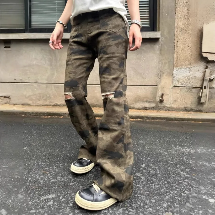 

Summer Large Size 250 Pounds Hong Kong Style Retro National Trend Camouflage Casual Pants Men's Hole Slimming Vibe Flared Lon...