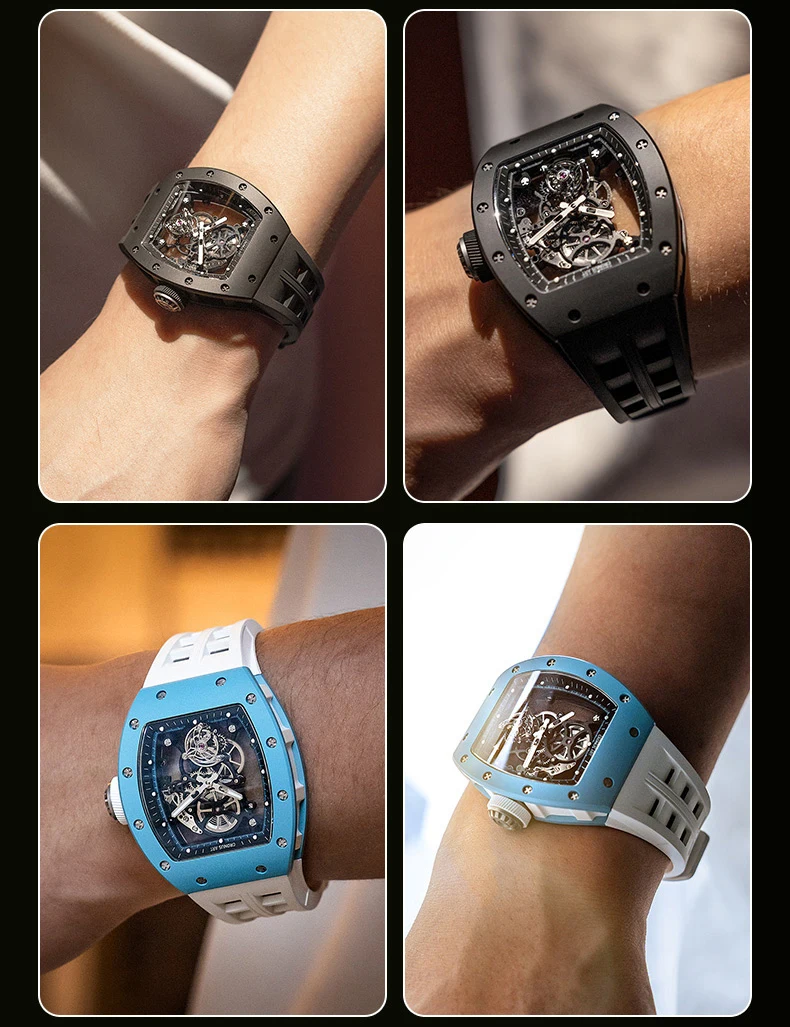 CRONUSART Orologio da uomo Tourbillon Tonneau Orologio da polso meccanico Cassa in ceramica Quadrante scheletrato con zaffiro Cinturino in gomma fluorurata luminosa
