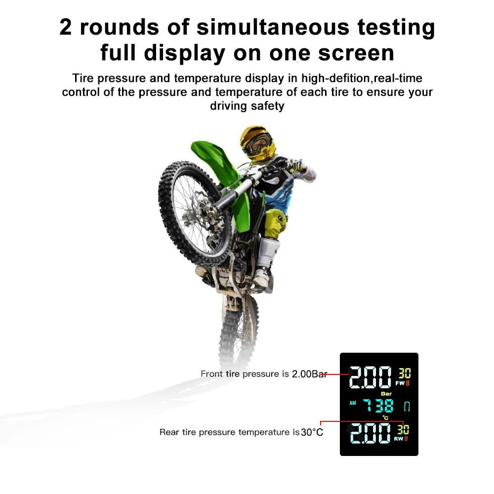 Moto TPMS 0-6.6bar Test sistema di monitoraggio della pressione dei pneumatici 2 sensori Display colorato Tester per pneumatici accessori per moto