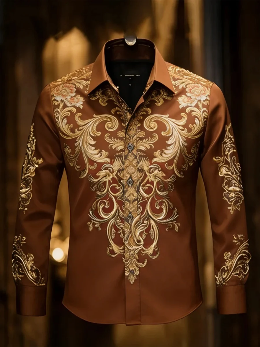 

New men's luxury Baroque gold floral print long-sleeved shirt, slim fit button-down cardigan dress shirt, fast shipping.