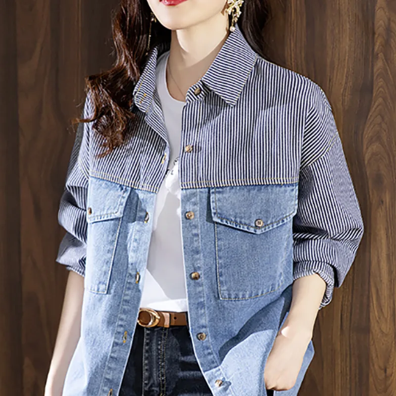 Imagem -05 - Camisa Jeans Azul Vintage para Mulheres Cor Emendada Camisa Jeans Listrada Streetwear de Manga Longa Blusas com Bolsos 3143