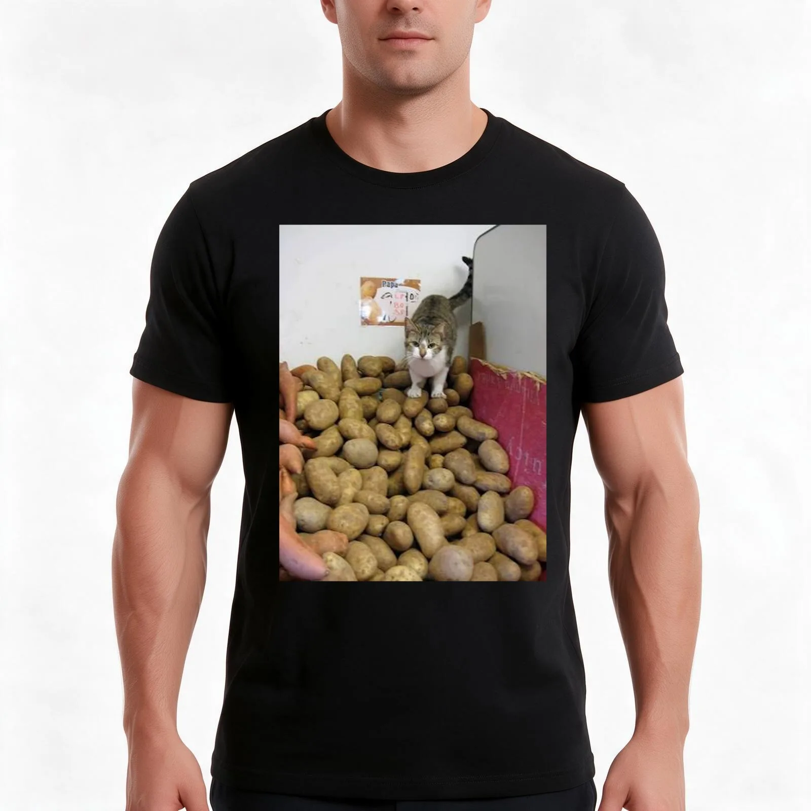 Cat on Potatoes T-Shirt Summer Casual Cotton Tee Oversized Streetwear Tops Vintage Graphic Print Loose Fit Short Sleeve
