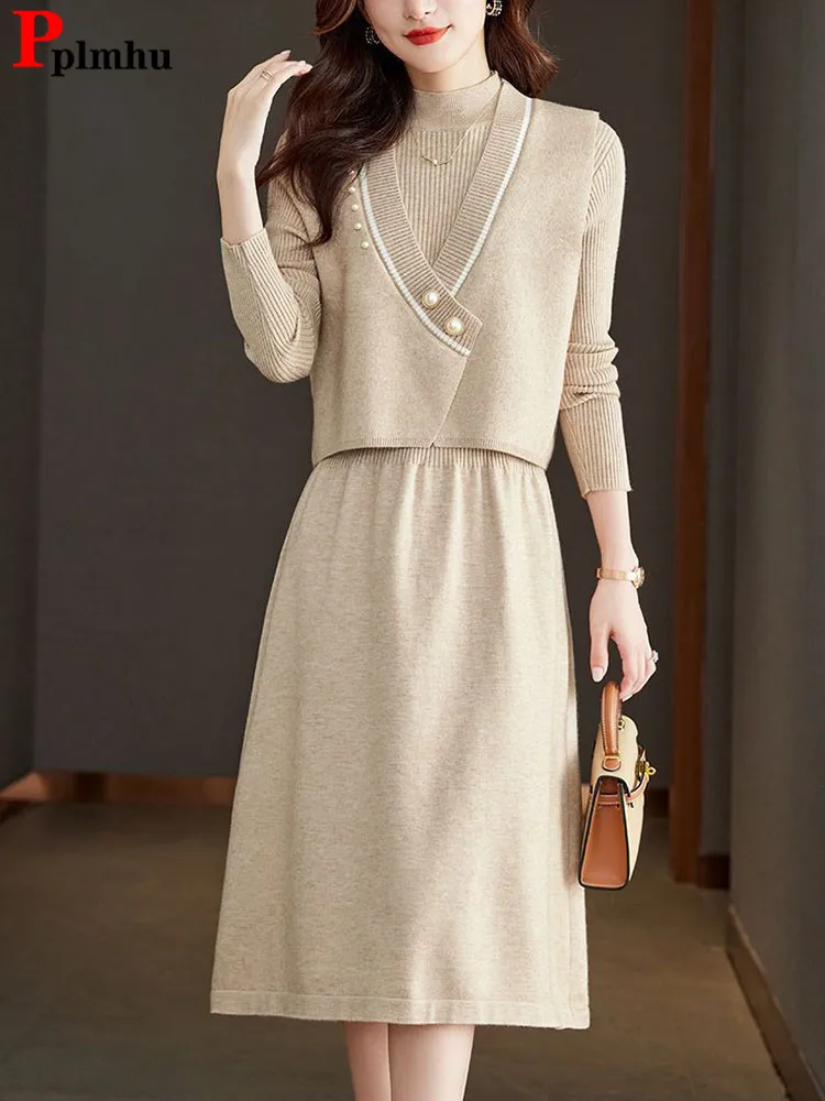 

Осенне-зимний элегантный вязаный комплект из 2 предметов, корейский модный короткий жилет без рукавов, топы Conjuntos, однотонное платье с длинными рукавами, новый наряд