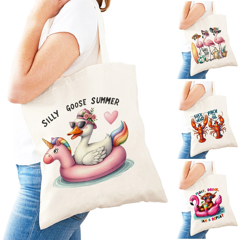 Divertida bolsa de mano de verano para mujer, bolsas de compras reutilizables de poliéster, impresión personalizada, ganso tonto, flamenco, langosta, cita, playa, 31x36 cm