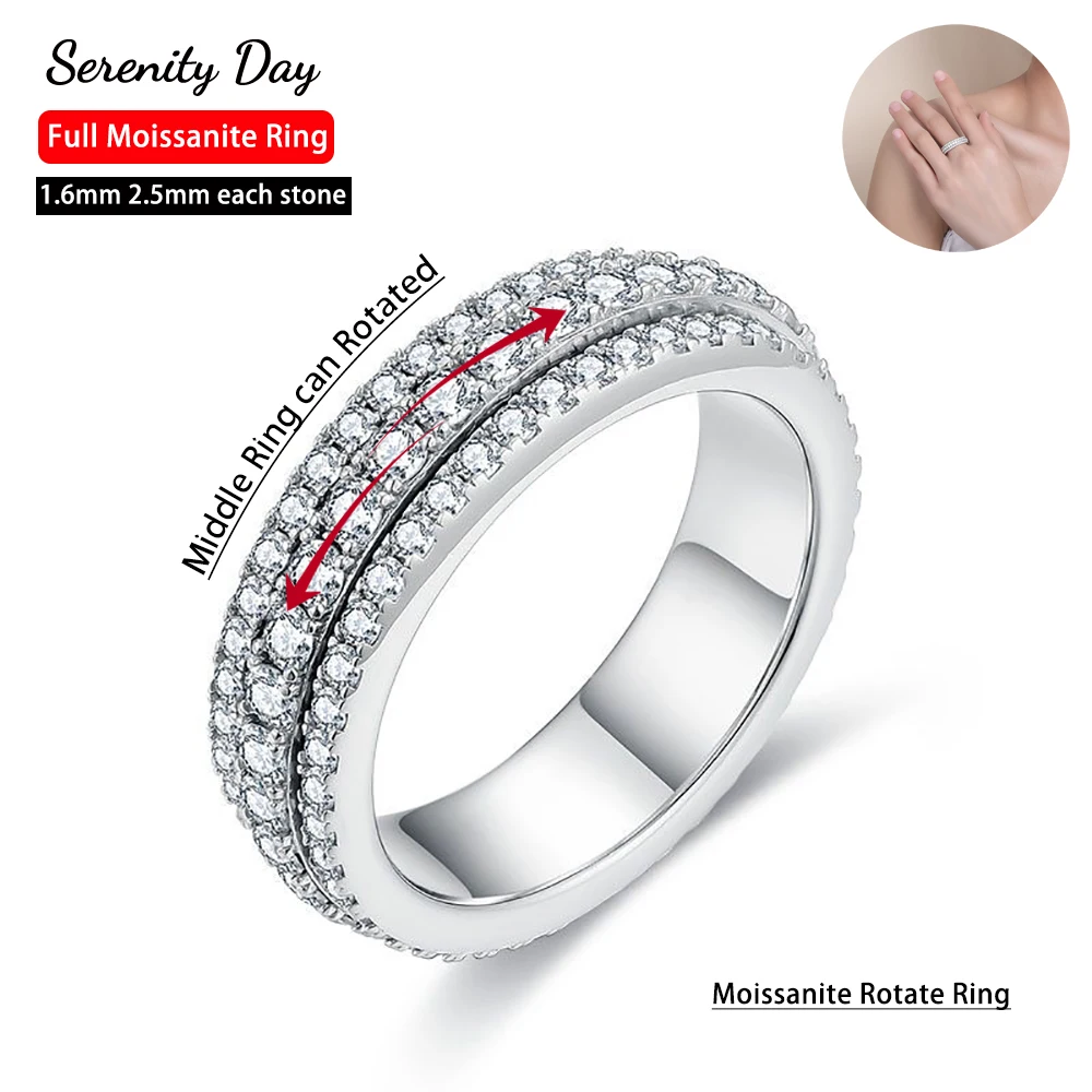 Serenty D Color 3 Row Full Moissanite Rotate Rings For Women Man S925 Silver Wedding Bands Plated 18K Fine Jewelry GRA Certified