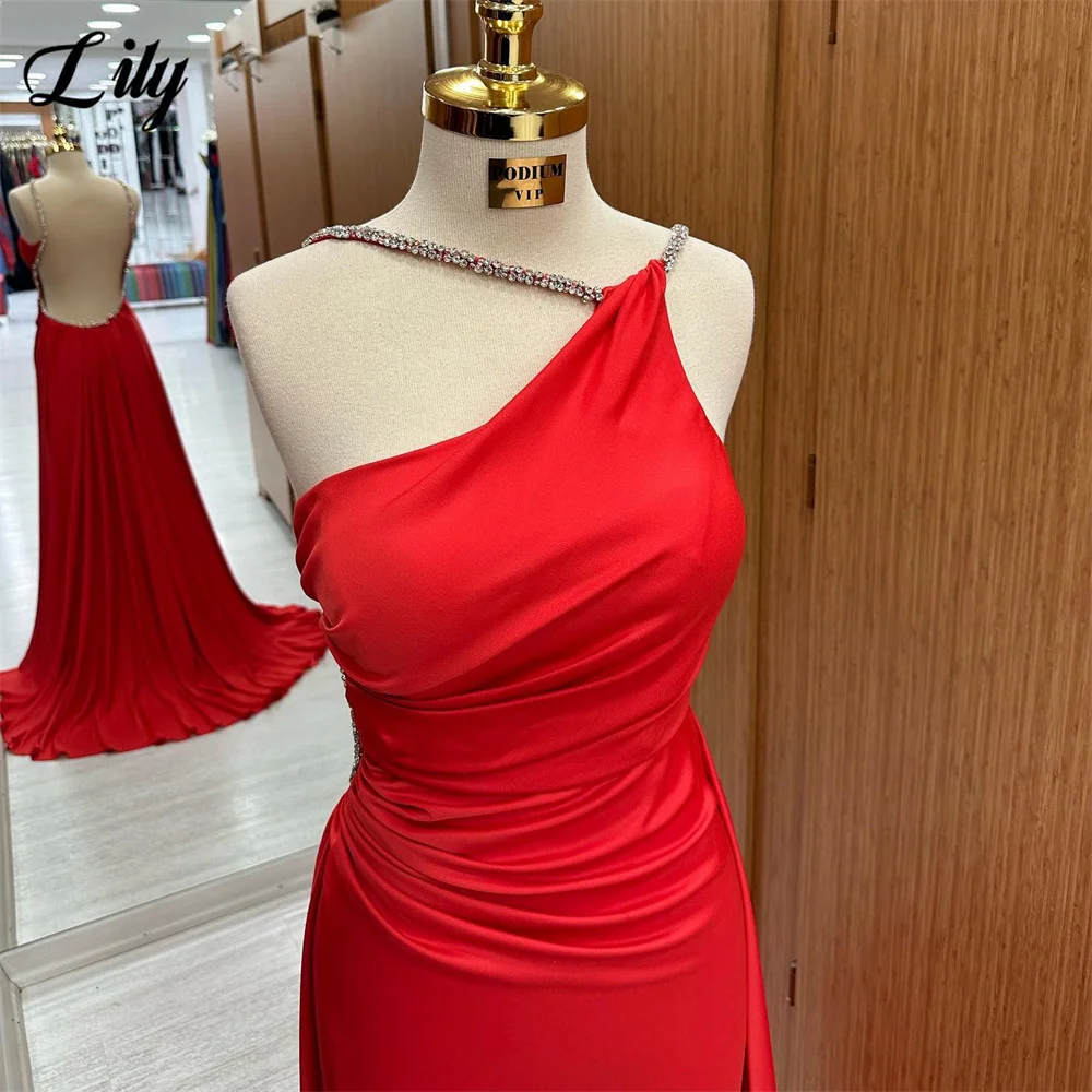 Lily Beautiful Red Prom Dress With Beading Halter Neck Evening Dress Sexy Open Back Mermaid Satin Party Dress With Pleats 프롬드레스