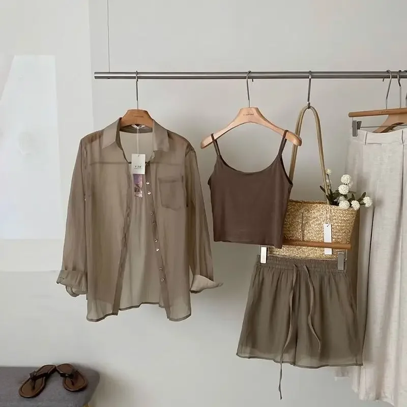 

Party Women's Short Sets 3 Pieces Tank Top Work Wear Transparent Shirts & Blouses Stylish Promotion Kit Classic Female Shorts