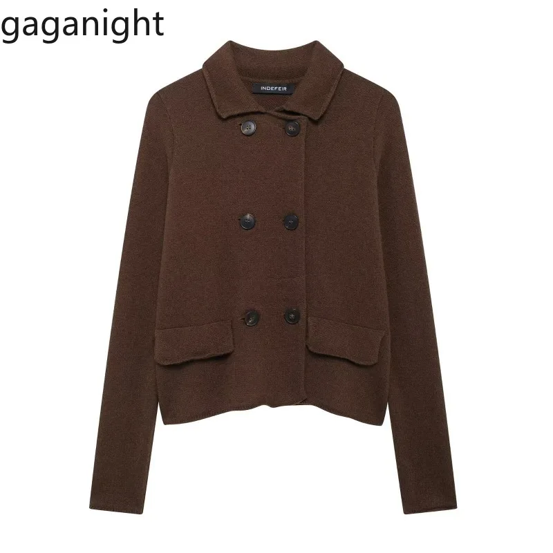 

Gaganight Women Knitted Cardigan Turn Down Collar Double Breasted Pockets Vintage Elegant Outwear Female Sweater Fashion