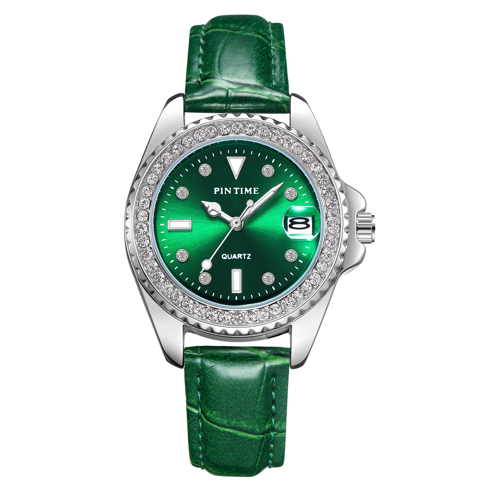 

Women Casual Green Leather Strap Watch Waterproof Stainless Steel Iced Bezel Diamond Dial Quartz Analog Wrist Watch Female