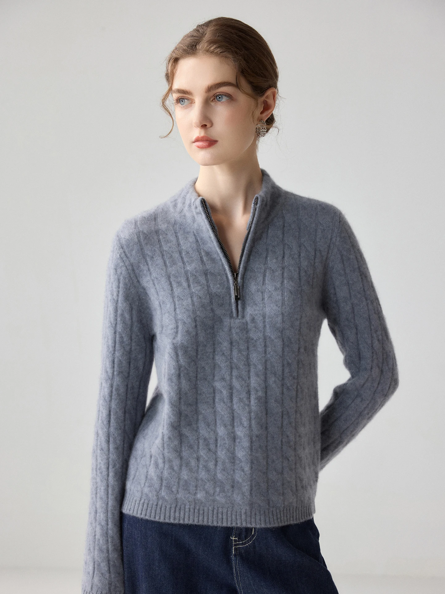TLOML Women 100% Cashmere Sweater Mock Neck Half Zip Cable-Knit Pullover Cashmere Knitwear Autumn Winter Thick High quality Tops
