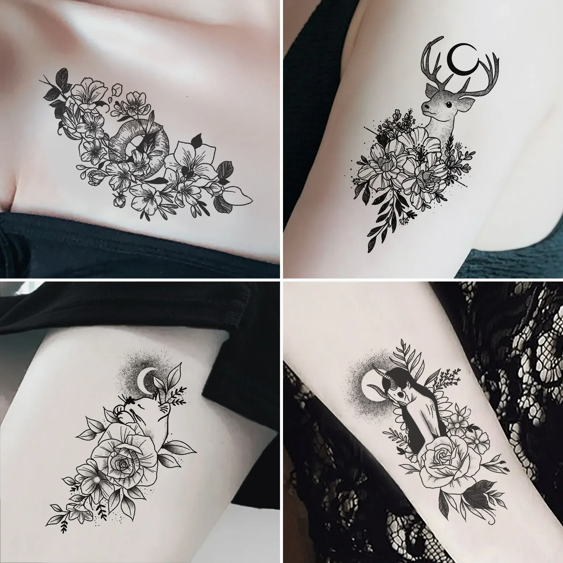 30pcs/lot Tattoos Sticker for Women Ladies Black Flower Dark Girls Succubus Plant Temporary Transfer Tattoos Decor Neck Forearm