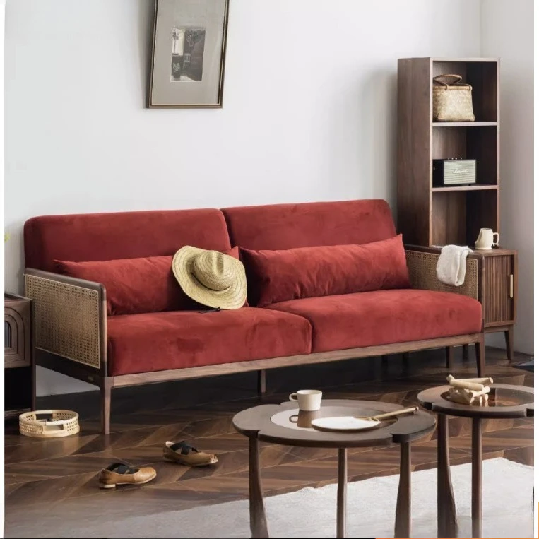 

Rattan retro sofa wabi-**** wind small apartment living room Nordic black beard solid wood fabric three-person sofa hotel B & B