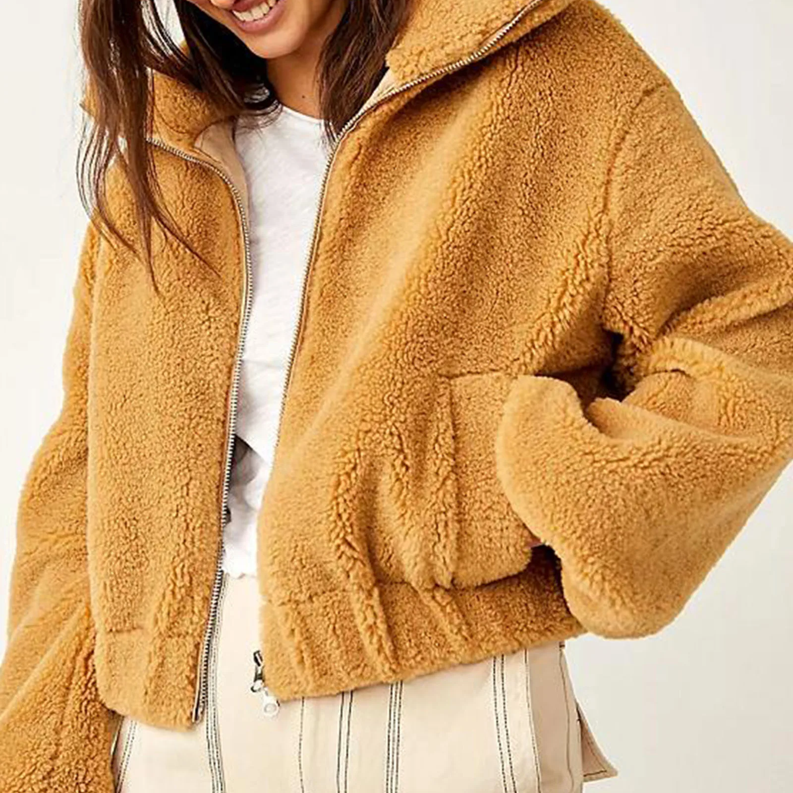 Women Casual Faux Fur Jacket Solid Color Lapel Long Sleeve Zip Up Oversized Fleece Coat Fall Winter Warm Outerwear Streetwear