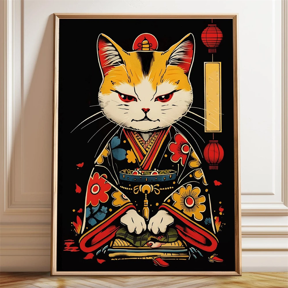 Samurai Cat Art Print Poster Japanese Kimono Warrior Cat Illustration Poster Home Bedroom Wall Art Canvas Painting