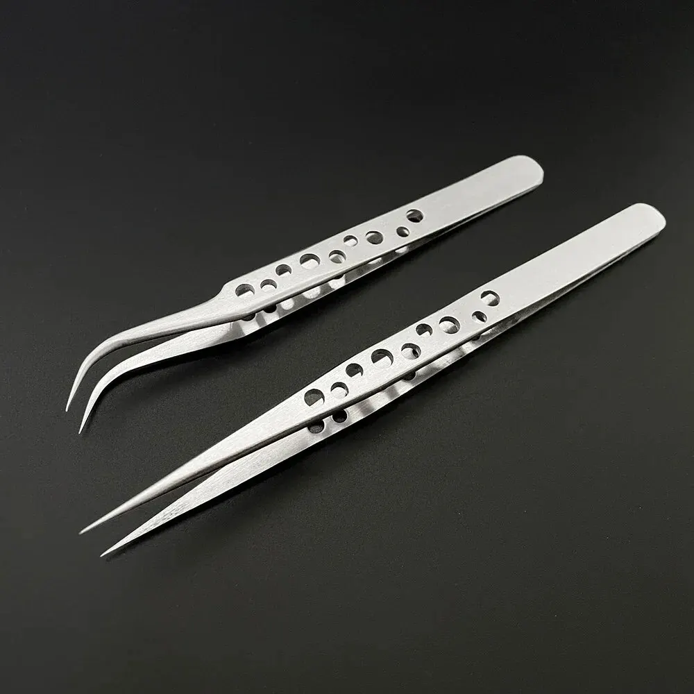 Stainless Steel Precision Perforated Tweezers with Pointed Elbows, Frosted and Glossy Nine Hole Tweezers