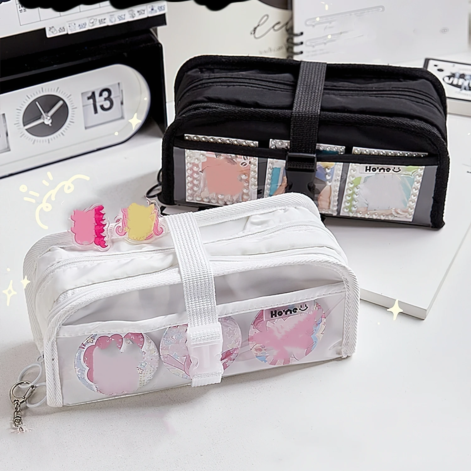 

Black & White Pencil Bag Pen Case Transparent Front Belt Buckle Multi Pocket Storage Pouch Stationery A7667