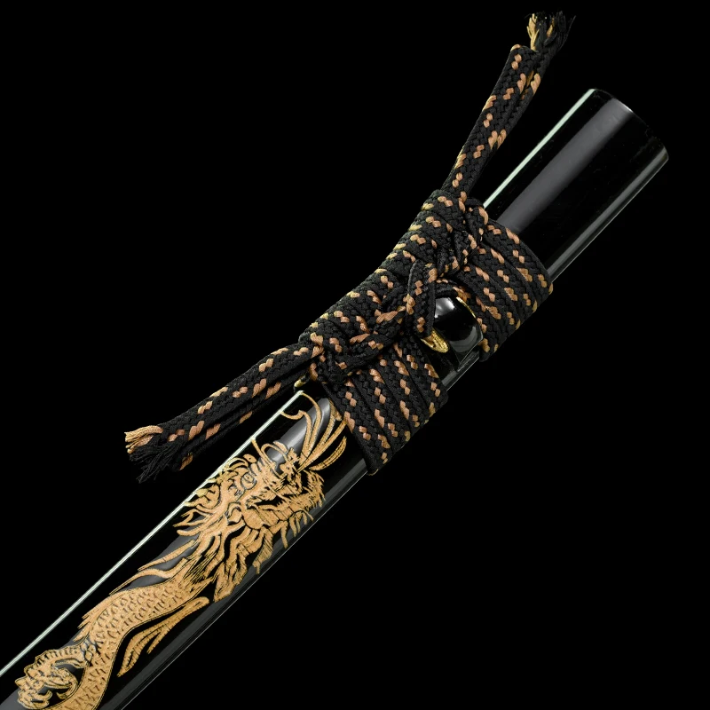 A Black Hardwood Saya Scabbard Engraving Dragon For Real Japanese Samurai Katana Sword Fittings With Black Golden Color Sageo