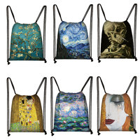 Oil Painting Tears Kiss Water Lilies Starry Night Backpack Women Travel Bag Gustav Klimt Claude Monet Van Gogh Drawstring Bags