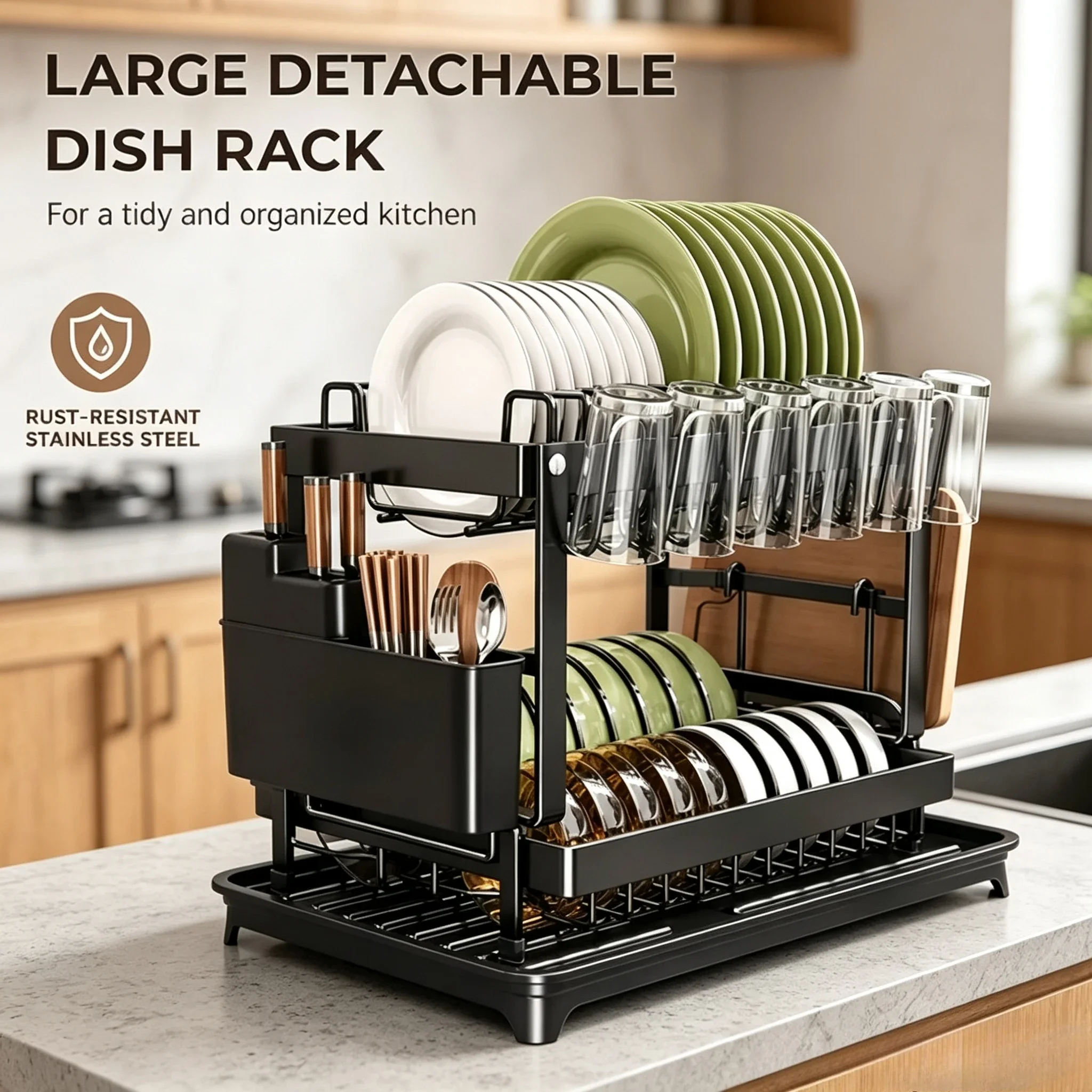 Detachable 2-Tier Kitchen Dish Drying Rack Metal Countertop Dish Organizer with Drainboard and Utensil Storage Holder, 1Pcs
