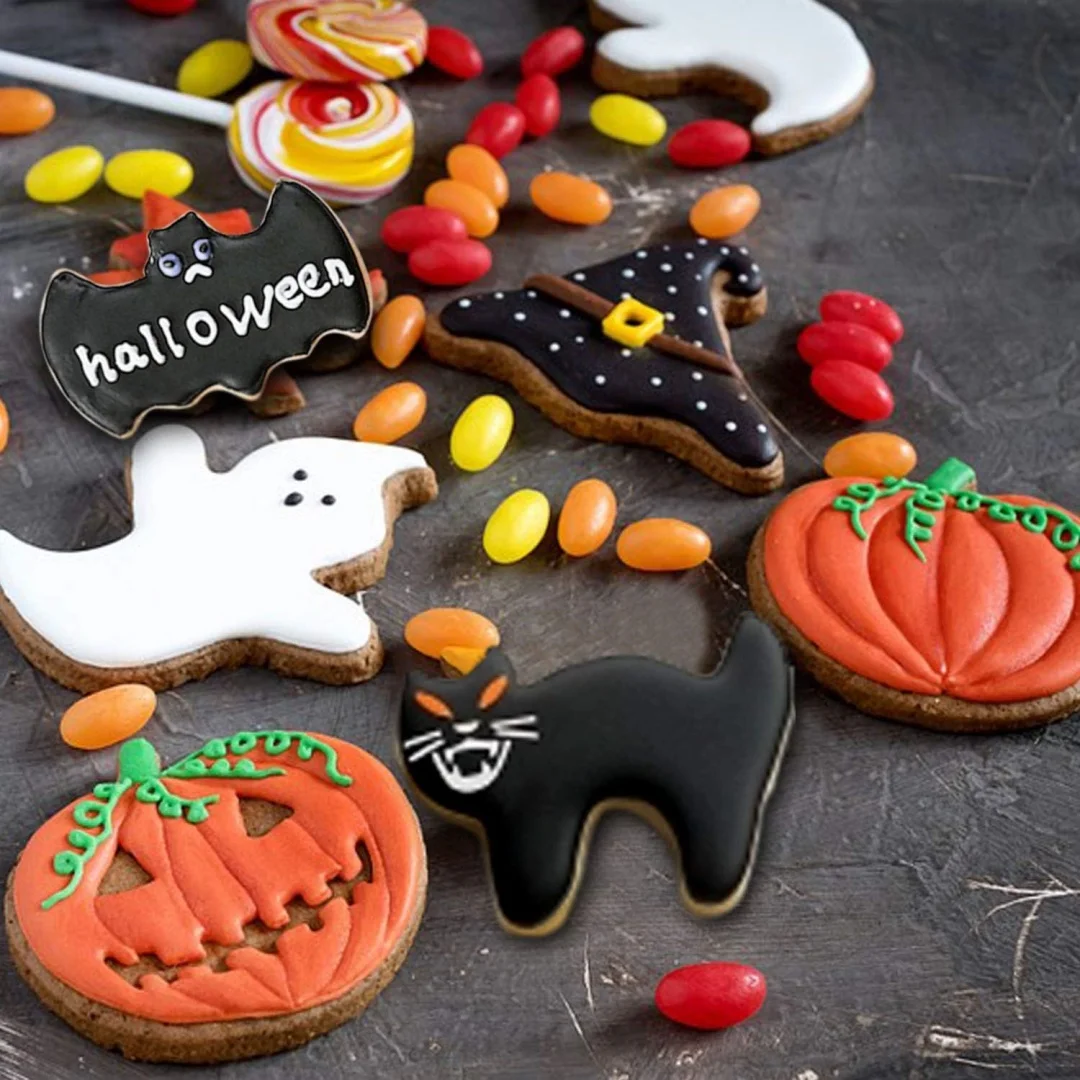 7pcs Halloween Cookie Cutter Set Cookie Shapes - Ghost, Bat, Pumpkin, Cat, Witch Hat, Skull - Metal Cookie Cutter for Baking Par